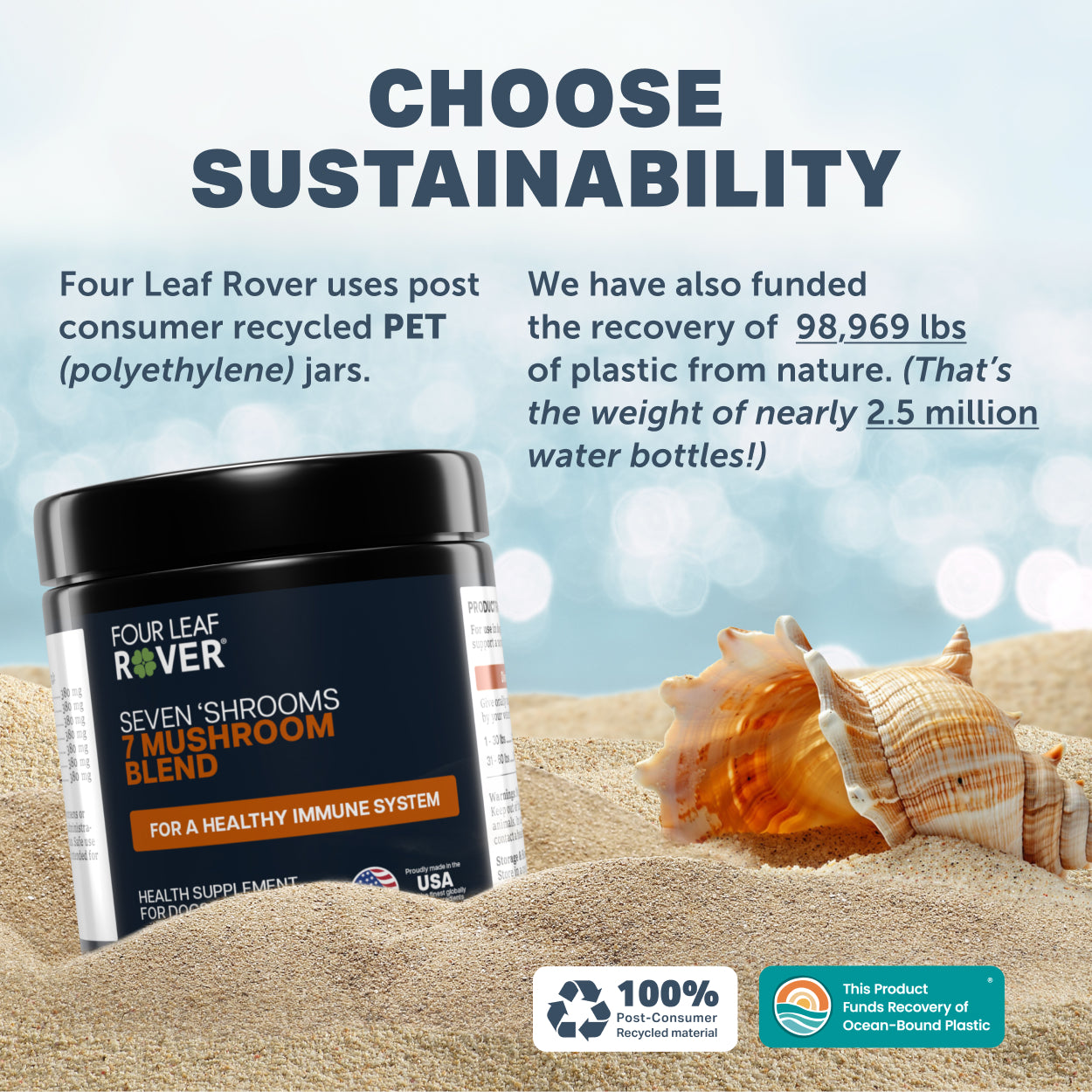 Four Leaf Rover mushroom blend jar with sustainability text and graphics on a beach background