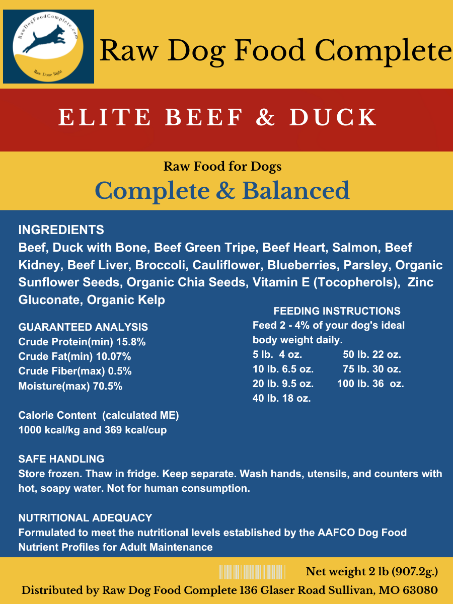 Balanced & Complete | Elite Beef and Duck| Whole Fresh Food |Premade Raw Meals | 2 pounds