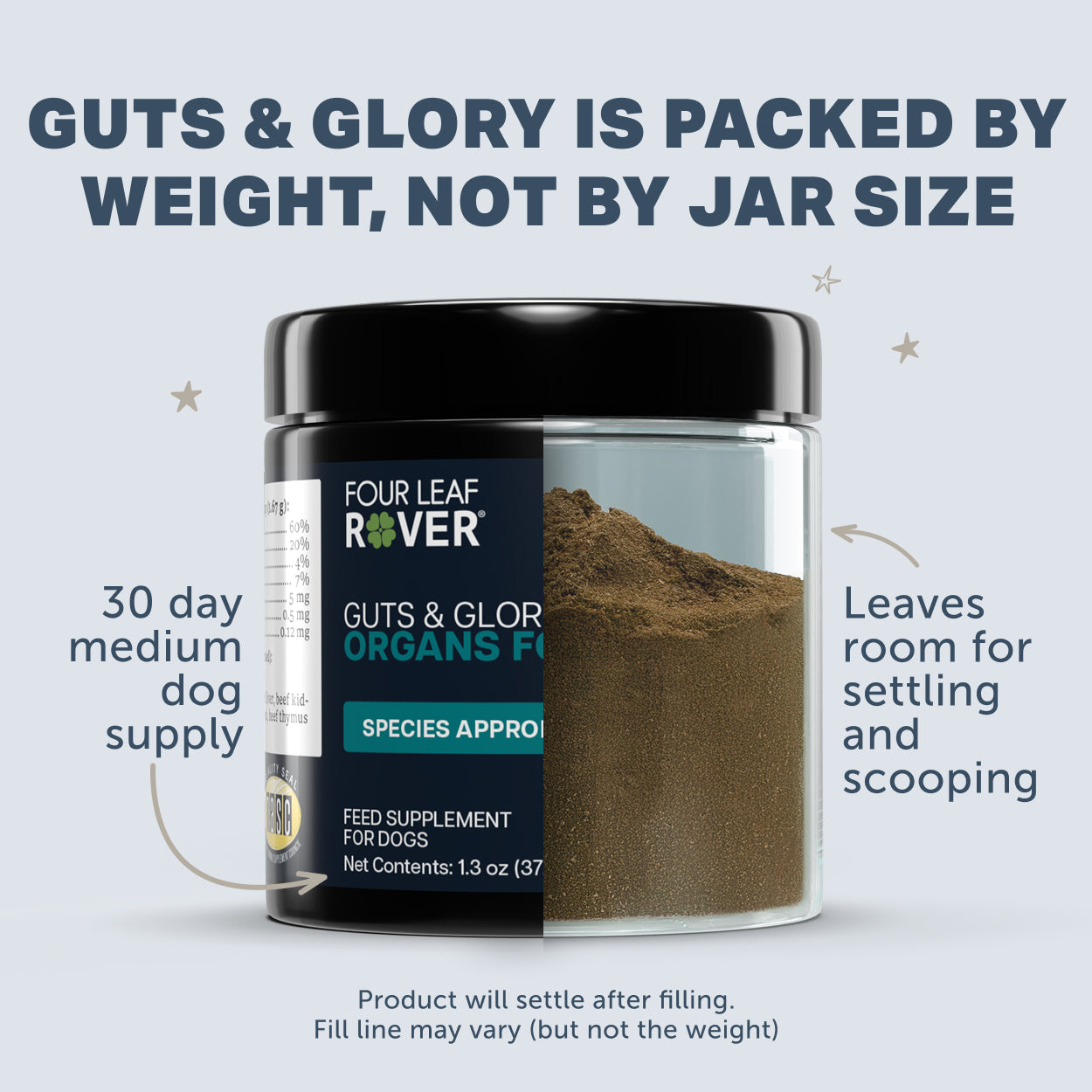 Supplement jar with text about weight packaging and product details.