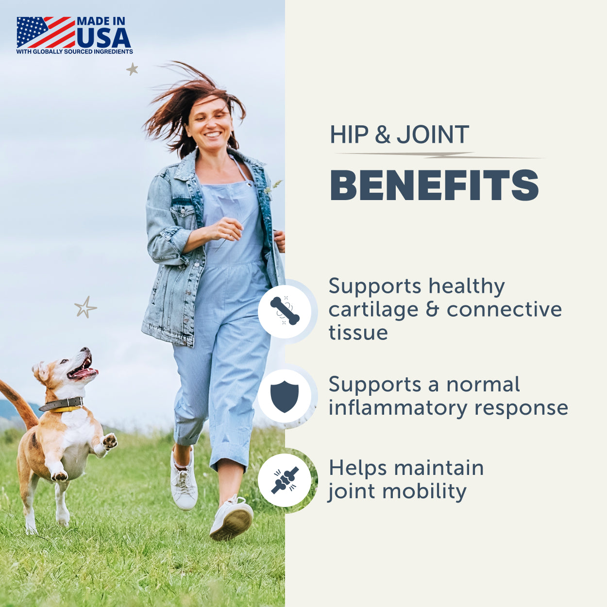 Woman running with a dog in a grassy field, with text about Hip and Joint benefits on a white background.