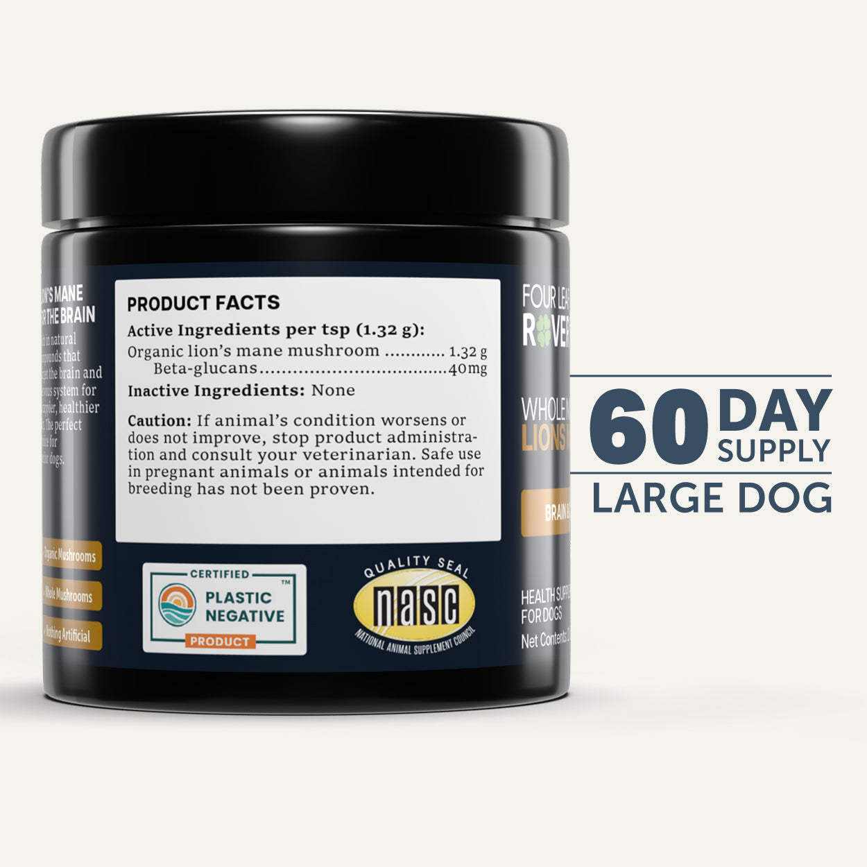 Supplement container for large dogs with label details on a white background
