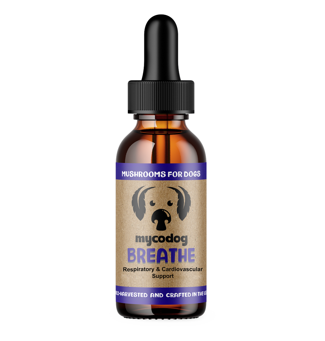 Breathe mushroom supplement for heart and respiratory support from mycodog, featuring capsules with mushroom extract ingredients.