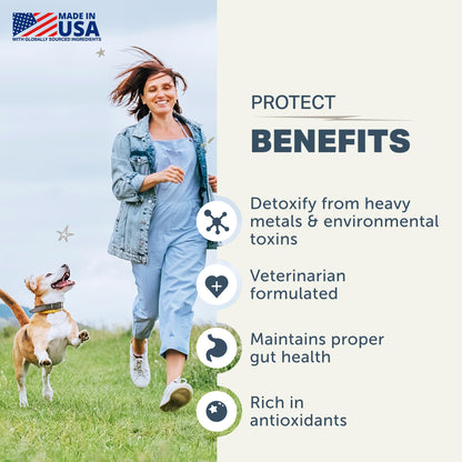 Woman running with a dog in a field, with text about product benefits on the right side.