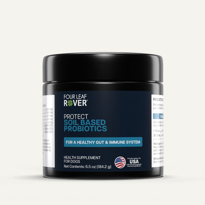 Four Leaf River soil-based probiotics jar for dogs on a white background