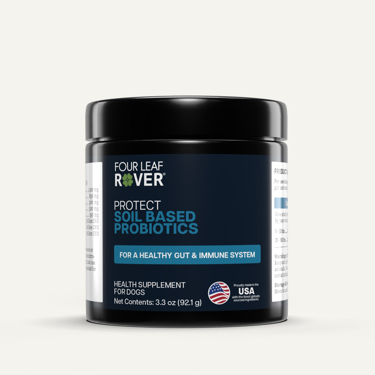 Four Leaf Rover soil-based probiotics container on a white background
