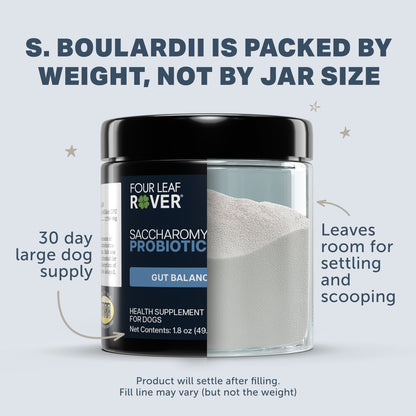 Probiotic supplement jar for dogs with text about weight packaging and product settling.