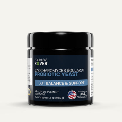 Four Leaf Rover probiotic yeast supplement jar. Saccharomyces Boulardii on Sale for Dogs