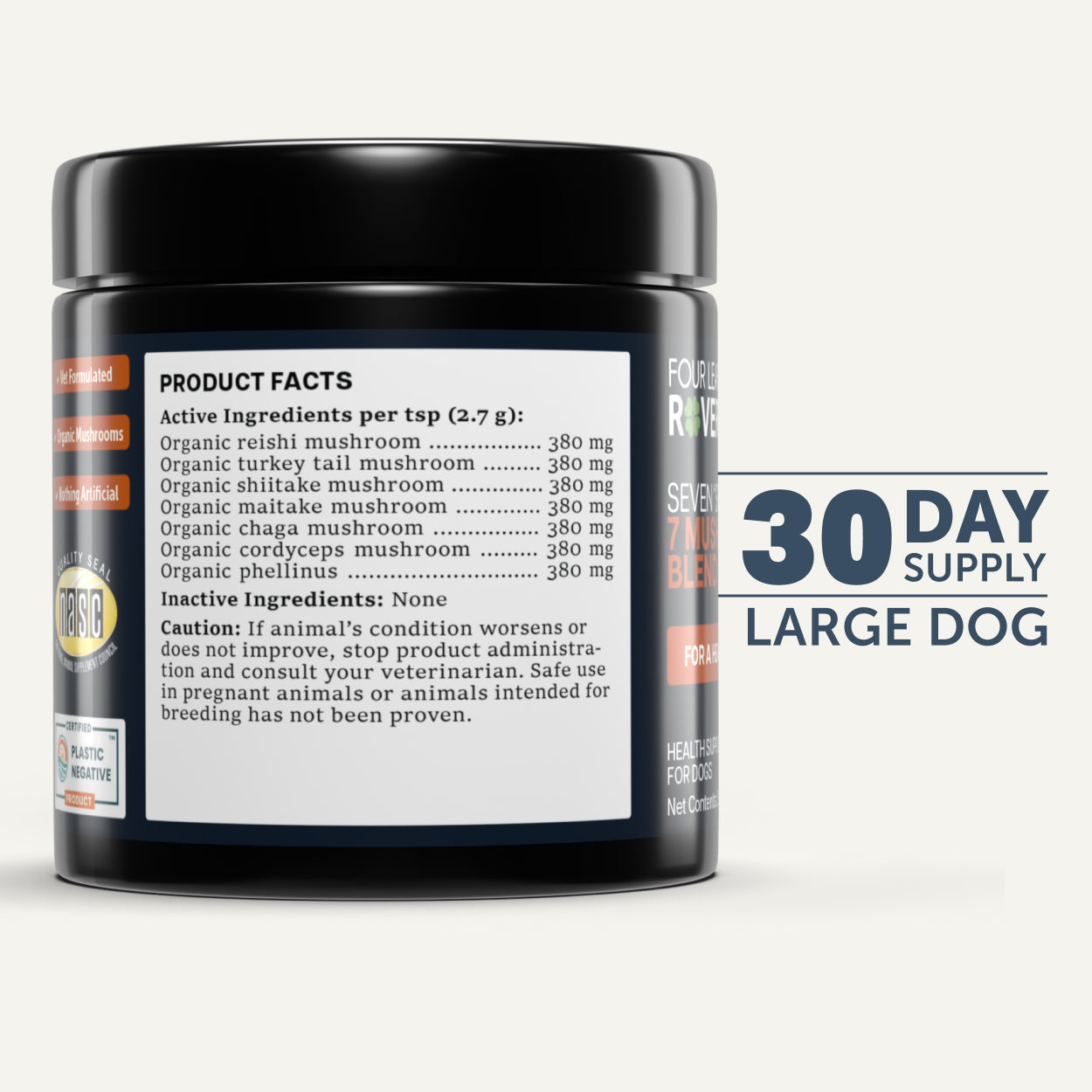Supplement container with label showing product facts and 30-day supply for large dogs.