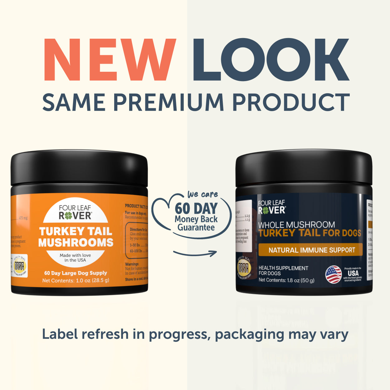 Two containers of Four Leaf Rover dog supplement with text indicating a new look and same premium product.